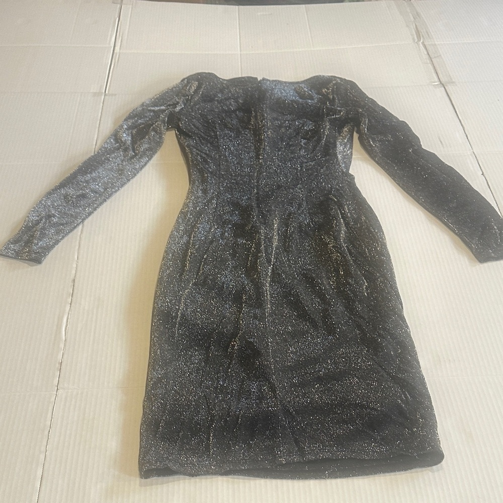 White House Black Market Elegant Black Glitter Dress with v neck and zipper back - Picture 6 of 8
